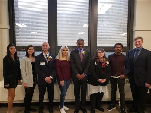   (from left): Mia Roback (‘19), Amanda Rudolph (‘19), David Baskin (‘08), Victoria Palacios (‘19), Bob Reece (‘64), Pamela C 